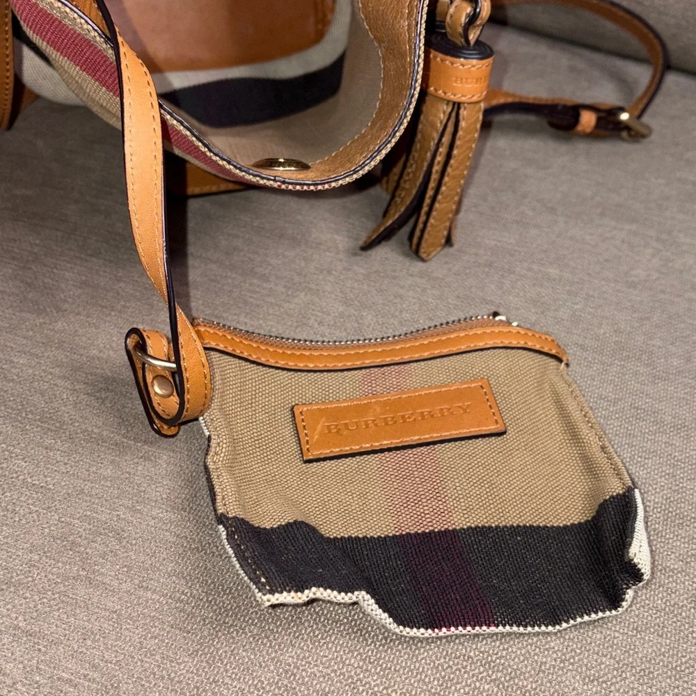 Burberry Ashby House Check Canvas Bucket Crossbody Leather Trim and Tassel - Picture 10 of 15